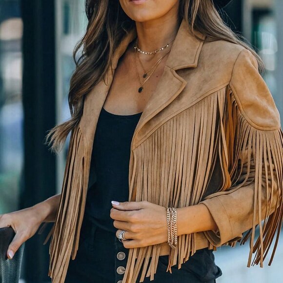 Jackets & Blazers - Khaki Casual Women's Long Sleeve Fringe Open Front Faux Suede Moto Jacket